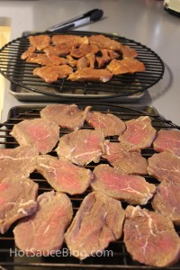 Jerky Laid out on the grills inside